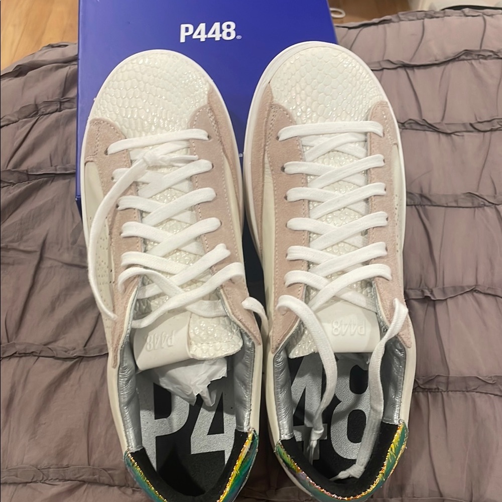 P448 White and pink Textured Sneakers